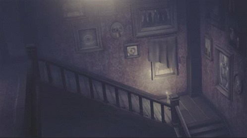 an escalator in a dark, creepy looking room