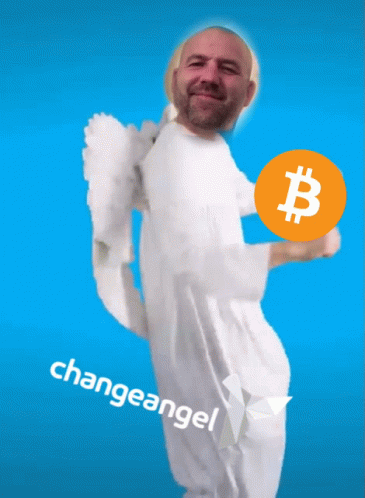 a man holding a large white bit coin and it's message changeange