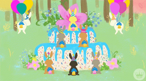 a cartoon rabbit with a party decoration in a forest