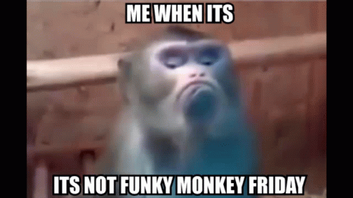 monkey with caption in background saying, me when it's not funny, it's not funky monkey friday