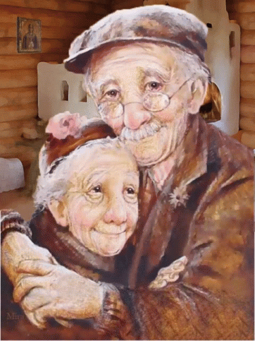 a painting of two old men hugging each other