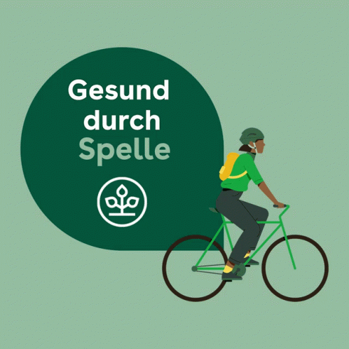 man riding a bike with german text in green