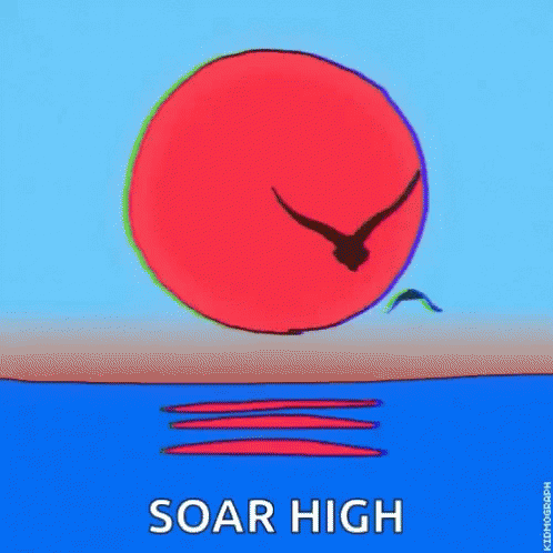 a cartoon with the words soar high in front of an image of an orange sky