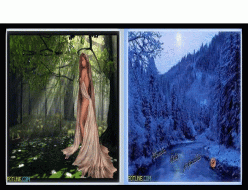 there are two different images one is a woman in a long dress and the other shows a forest