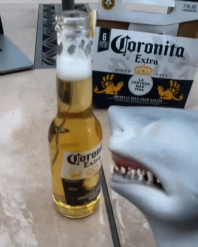 a table with an animal head holding a bottle of corona beer
