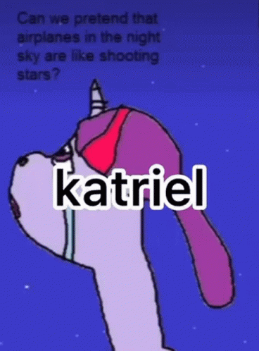 a pink and white dog with a purple cap on his head, has words that read katriell