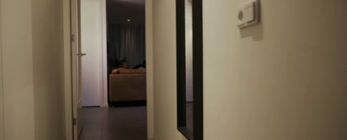 a hallway view of a person's reflection on the mirror