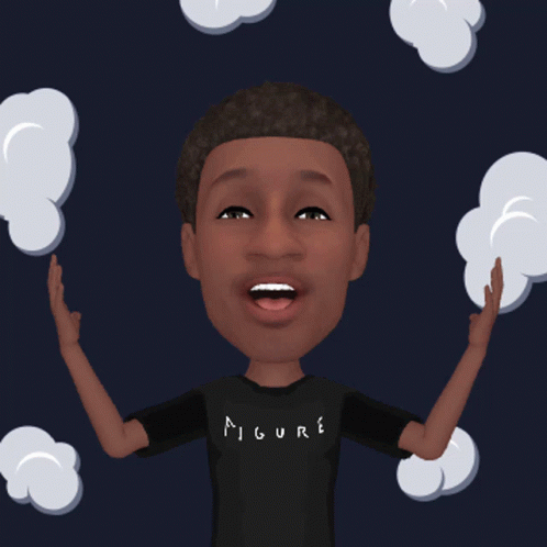 a cartoon picture of a young black boy in a t - shirt with different clouds in the background