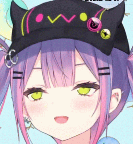 a anime girl with long purple hair wearing an unusual hat