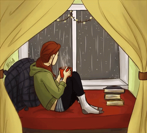 cartoon depiction of woman sitting on window sill in rainy room