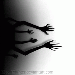 a black and white image of four zombie hands reaching towards each other