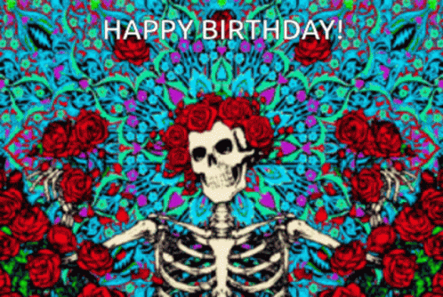 a skeleton with a purple flower background in a colorful design