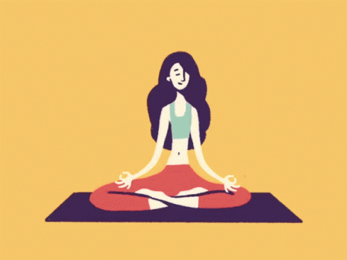 an animated woman meditating in a blue and white yoga position
