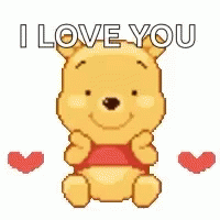 an pixelated cartoon bear sits with i love you on it
