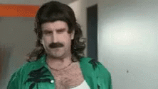 a man with long hair and fake moustache wearing a shirt and green jacket