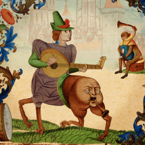 a painting of a cartoon character and a music instrument