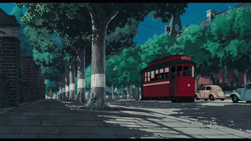 a cartoon scene depicts cars and a bus