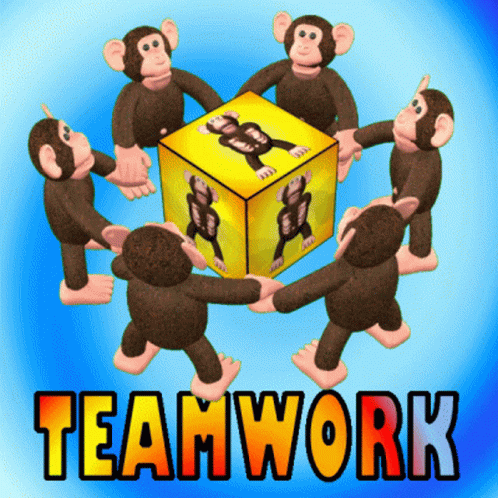 a group of monkeys around a gift box with the words teamwork