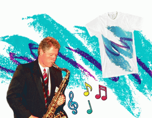 a man is playing the saxophone and a t shirt with music notes