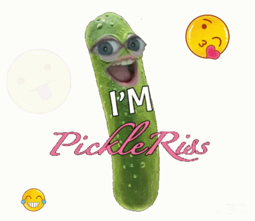 the image depicts a long green pill with googly eyes and words i'm pickle - riss written across it
