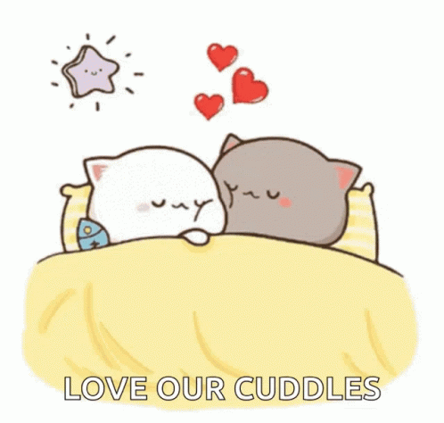 two cat snuggles in bed together and the words love our cuddles are written in blue heart shapes