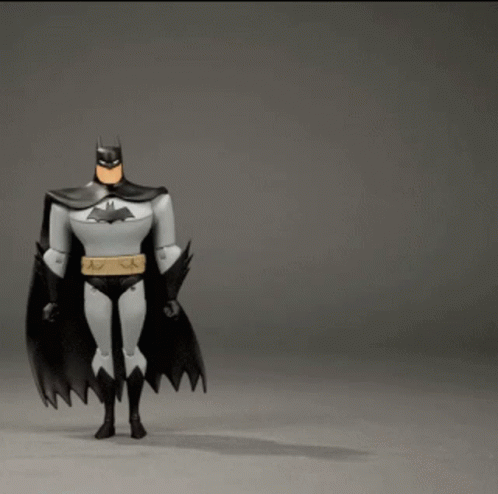 an animated batman with the blue cape