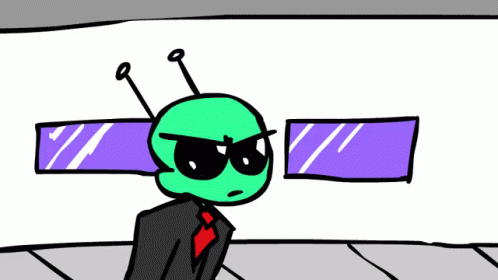 an alien in a suit and sunglasses looking at the wall with a hole cut out