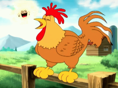 an animated image of a rooster standing on a wooden fence