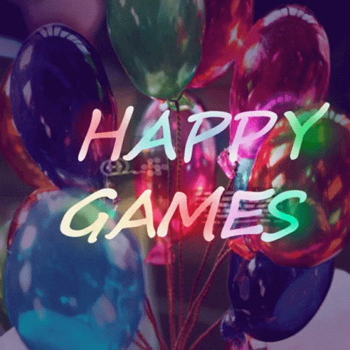 the words happy games are written on balloons