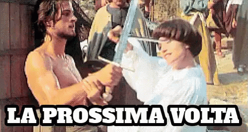 two men talking in front of a crowd with words over them that reads la prorossima volta