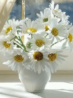 a vase filled with lots of white and blue flowers