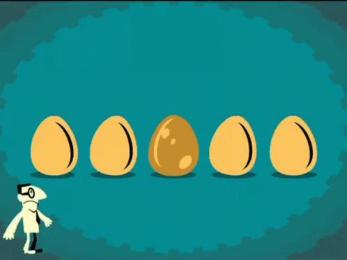 a cartoon is looking at six eggs of different shapes