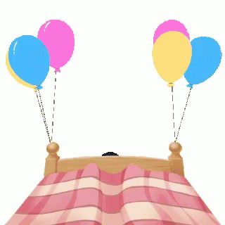 cartoon illustration of a dog in bed with balloons flying above