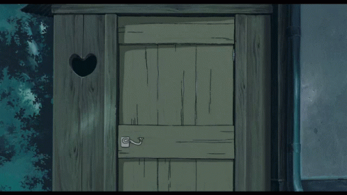a cartoon showing a green door with a heart cut in the middle