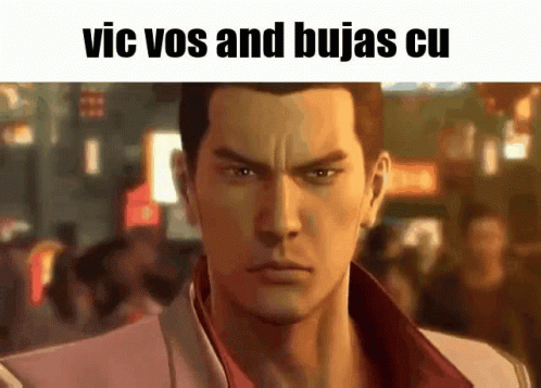 a man looking at the camera with a caption that reads vic vos and busas cu