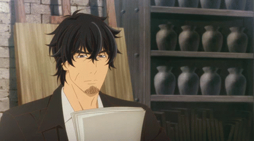 a male anime holding an open book in a room full of vases