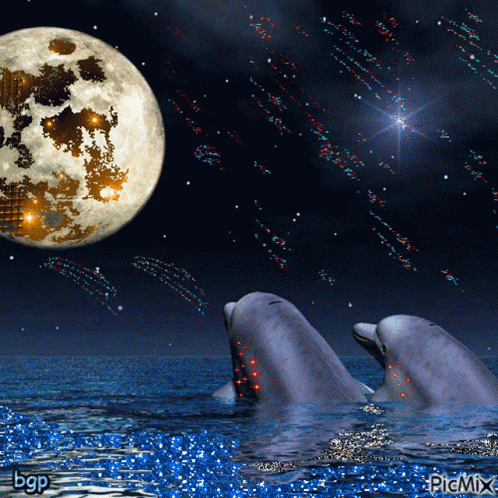 two dolphins floating in water under a full moon