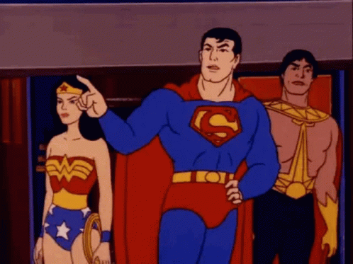 an animated picture of superman with three people behind it