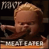 an advert for a meat eater in front of a sign