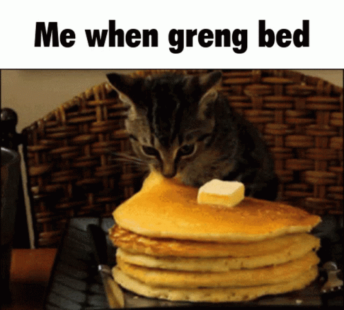 a kitten is staring down at a stack of pancakes