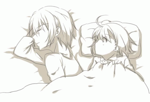 a couple of anime people laying in bed