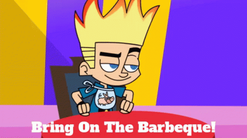 a cartoon man with an apron and blue hair