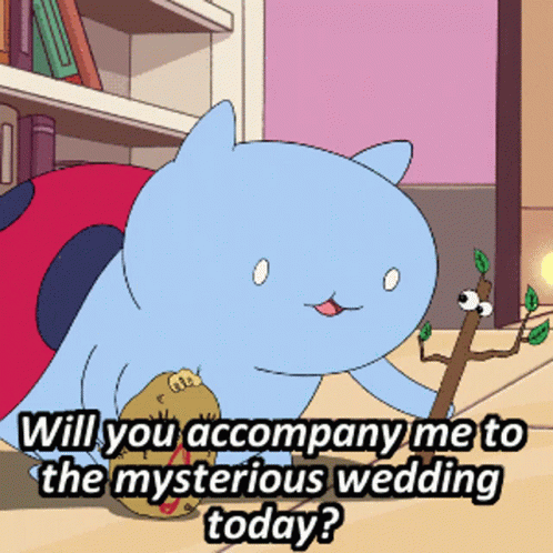 a cartoon image of a cat with a text that says, will you accompanying me to the mysterious wedding today?