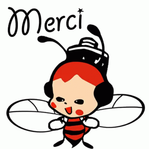 the logo for merci bee, with a cartoon character and headphones on it