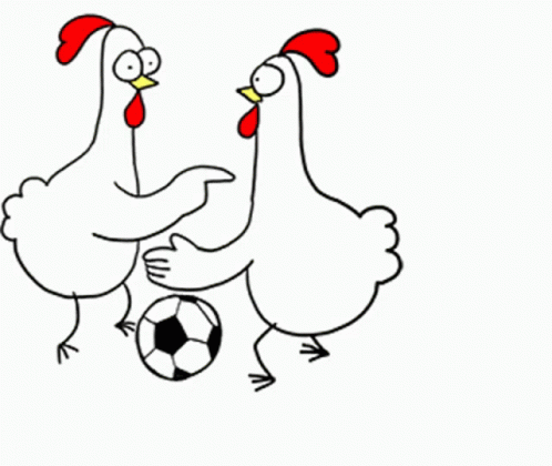 the chickens are standing on top of a soccer ball