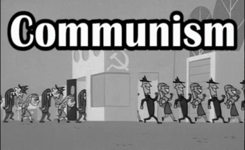 an animated poster with people walking around it that says, comuniism