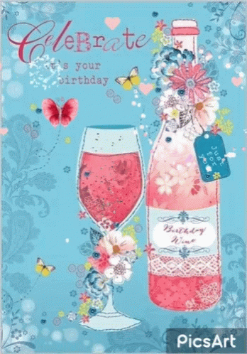 a card features an ice cream wine glass and purple flowers