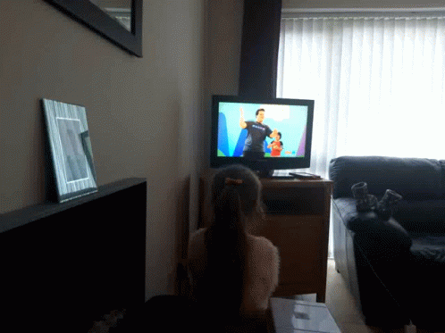 a room with a cat sitting on the floor in front of a television