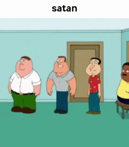 an animated scene of a three men standing in front of a room