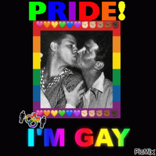 two men kissing each other in front of a rainbow pride